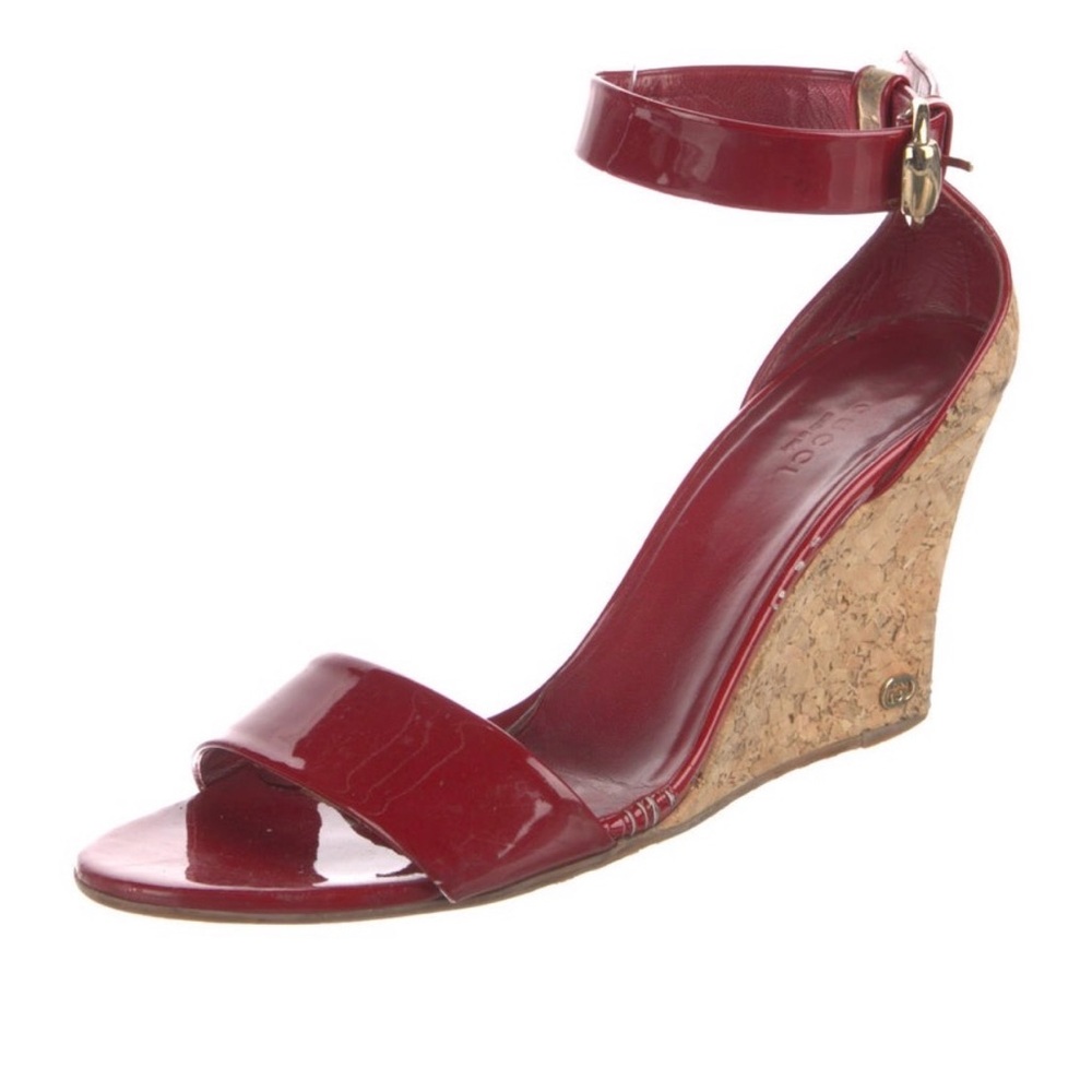 Gucci Red Patent Leather Cork Wedge Sandals - Picture 4 of 16